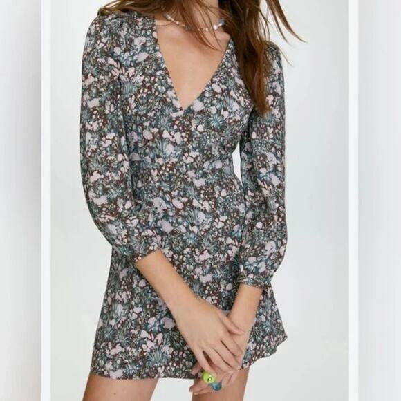 EUC Aritzia Sunday Best Grayson Floral Print Long Sleeve Mini Dress 8 Mocha Teal - Picture 12 of 16